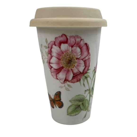 Lenox Butterfly Meadow Thermal Travel 10 oz Mug Ceramic Silicone Lid Made in USA - Picture 1 of 10